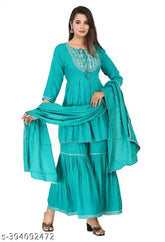 Sky Blue Rayon Rashi Verma Women's Kurta with Sharara and Dupatta Set - Exquisite embroidery on high-quality fabric for occasion wear