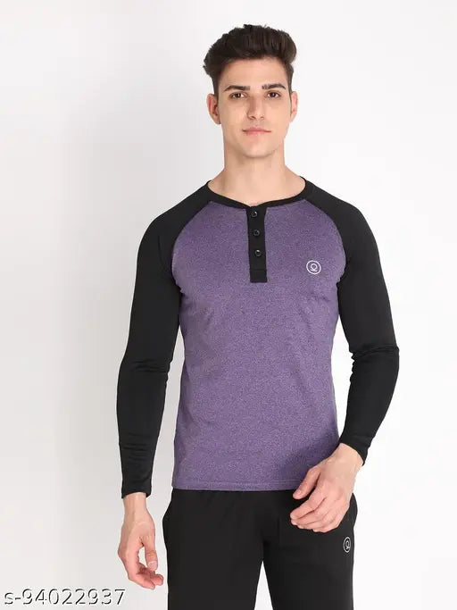 Multicolor polyester active Henley T-shirt for men, colorblocked design with long sleeves, double stitching at borders. Sizes: S(36in), M(38in), XL(42in), XXL(44in) - Made in India