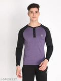 Multicolor polyester active Henley T-shirt for men, colorblocked design with long sleeves, double stitching at borders. Sizes: S(36in), M(38in), XL(42in), XXL(44in) - Made in India