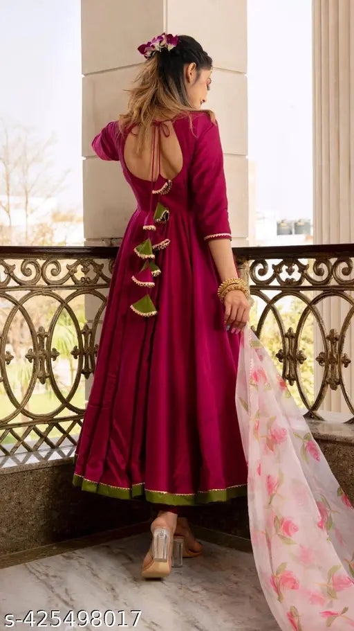 Magenta organza anarkali suit set with organza print dupatta, traditional women's kurta pant set from India