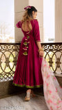 Magenta organza anarkali suit set with organza print dupatta, traditional women's kurta pant set from India
