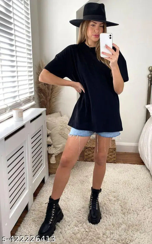 Black cotton blend oversize t-shirt for women, solid pattern, three-quarter sleeves, trendy loose fit