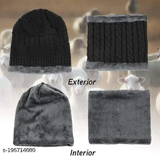 Black woolen beanie cap with neck warmer, fur-knit design by Saraswati Trading Company. Perfect for fall and winter, suitable for both men and women