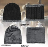 Black woolen beanie cap with neck warmer, fur-knit design by Saraswati Trading Company. Perfect for fall and winter, suitable for both men and women