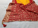 Soft crepe Banarasi Zari saree with vibrant colors, all-over jacquard border and latkan lace work, ideal for casual parties, weddings, and festive occasions like Diwali and karva chauth