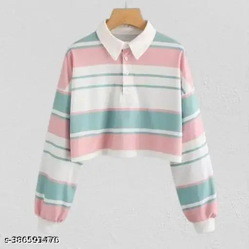 Striped Lycra long-sleeve fancy designer women's t-shirt, comfortable and flattering fit for S (36in bust, 27in length), M, L, XL, easy care and maintenance, customer satisfaction guarantee. Indian-made fashion top or tunic