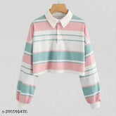 Striped Lycra long-sleeve fancy designer women's t-shirt, comfortable and flattering fit for S (36in bust, 27in length), M, L, XL, easy care and maintenance, customer satisfaction guarantee. Indian-made fashion top or tunic