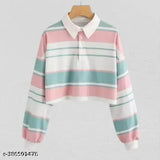 Striped Lycra long-sleeve fancy designer women's t-shirt, comfortable and flattering fit for S (36in bust, 27in length), M, L, XL, easy care and maintenance, customer satisfaction guarantee. Indian-made fashion top or tunic