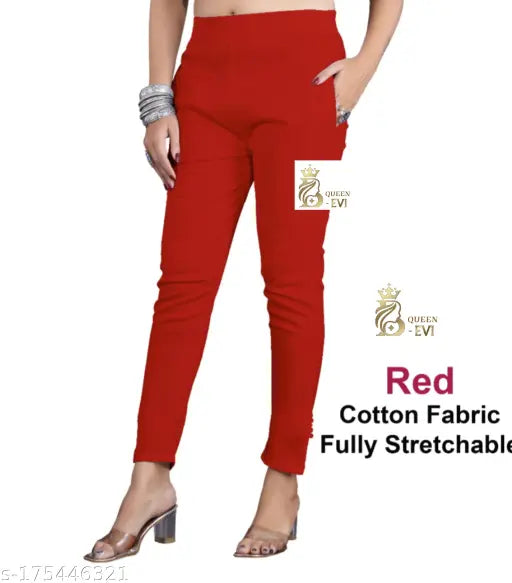 Red cotton lycra cigarette pants for women, solid design, perfect casual wear