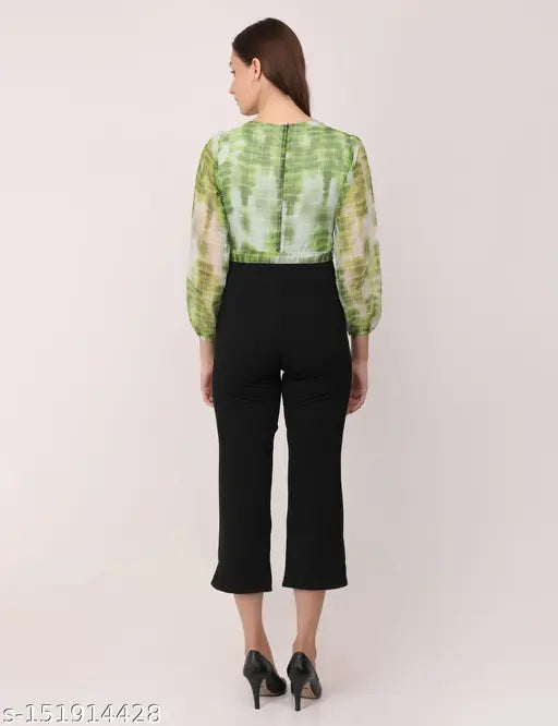 Georgette digital print women's jumpsuit, floral pattern with black cotton blend, suitable for daily and party wear