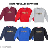 Cotton blend sweatshirts for boys, pack of 5 with printed patterns and long sleeves, featuring round neckline and ribbed cuffs. Different sizes available: 3-4 years, 4-5 years, 5-6 years, 7-8 years, 9-10 years. Origin: India