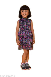 Pink floral chiffon frill frock, 2-3 years size, sleeveless & button front, Indian handcrafted print