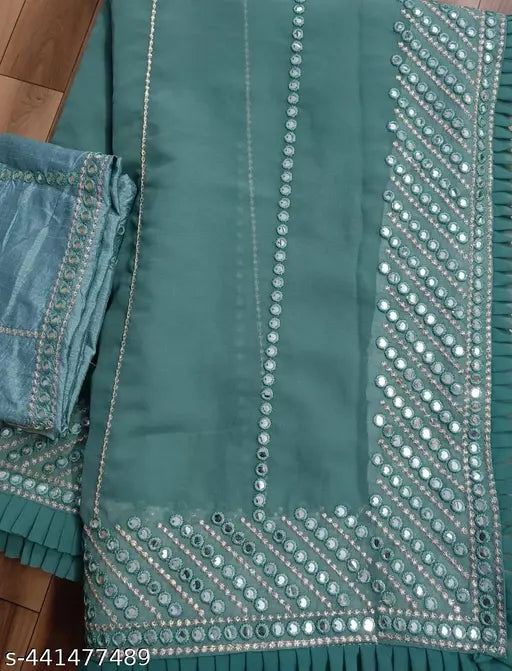 Golden georgette sari with 9mm sequence & zari work pallu, complete with separate blouse - Indian ethnic couture
