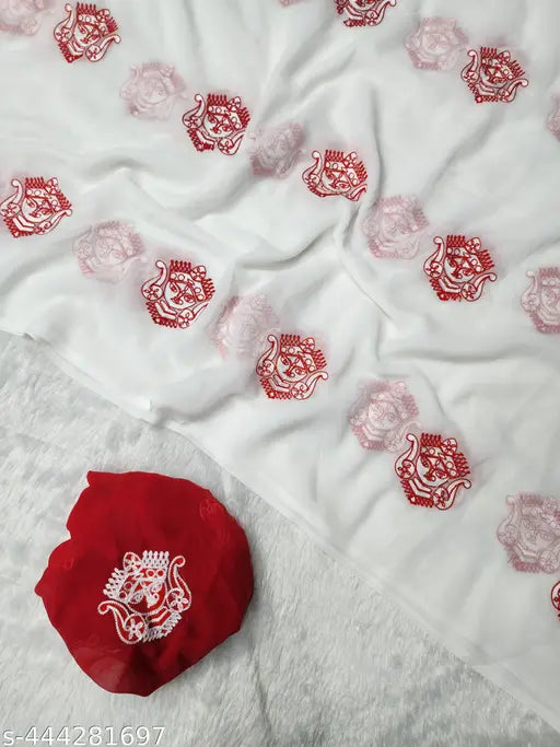 Traditional Georgette saree with embroidered net blouse, latest collection for Durga Puja festival in India (Free Size, Saree Length 5.5m, Blouse Length 1m)