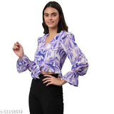Blue chiffon puff sleeve V-neck top, printed solid pattern, perfect for women's fashion events, soft to touch, made in India