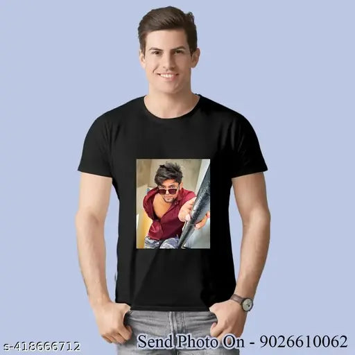 Black cotton personalized men's t-shirt with print-your-photo, customizable size S to XXL