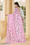 Pure Gerogette Bollywood pink leaf saree with silver blouse, embellished net, Georgette fabric, India