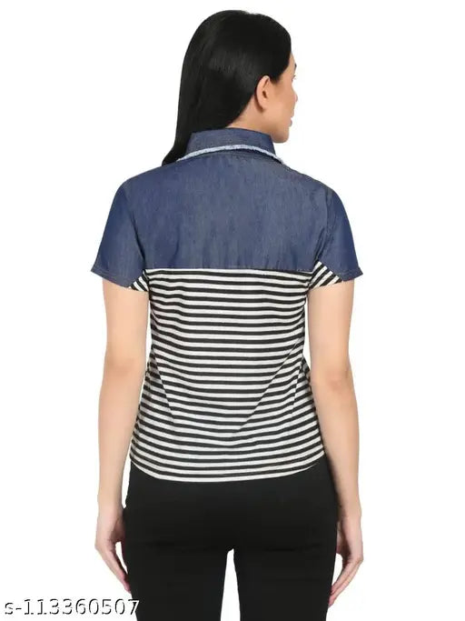 Light blue denim striped women's casual top, short sleeves - Made in India