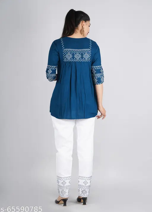 Rayon-top, cotton blend bottom ethnic wear set, three-quarter sleeves, India-made, embroidered clothing for women