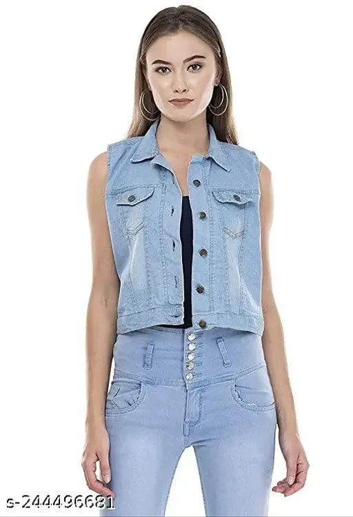 Solid denim shoulder length jacket, sleeveless, women's style from India