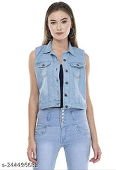 Solid denim shoulder length jacket, sleeveless, women's style from India