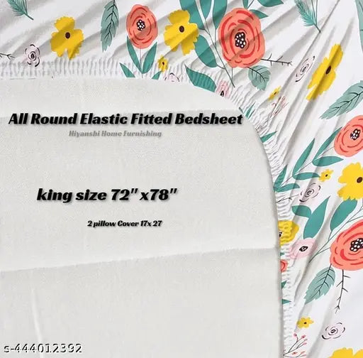 Multi-colored elastic fitted king size bedsheet with 2 pillow covers, cotton linen, breathable & wrinkle free