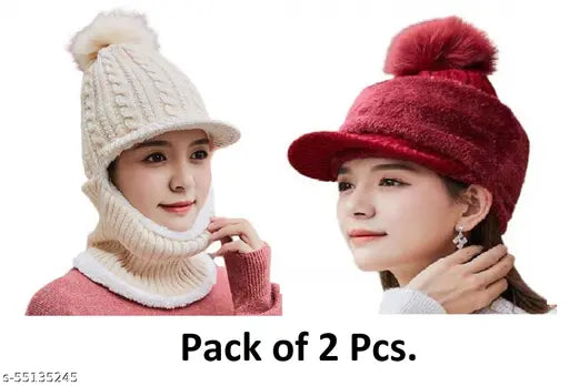 Trendy, woolen women's winter monkey cap & hat combo - snow-proof with visor, soft & warm, great for slouchy style (N: 2)