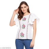 White rayon embroidered top, short sleeves, Indian hand-embellished women's clothing