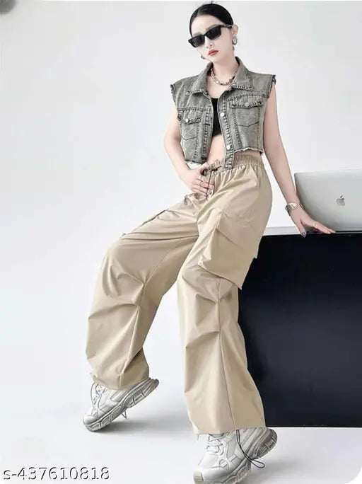 Solid polyester trendy trousers for women, Indian-made, available in sizes S-XXXL