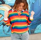 Dark rainbow print Lycra T-shirt, full sleeves, women's trendy round neck