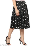Black polka & white floral print mid calf length women's skirt combo, IBPanel polyester crepe with flared design