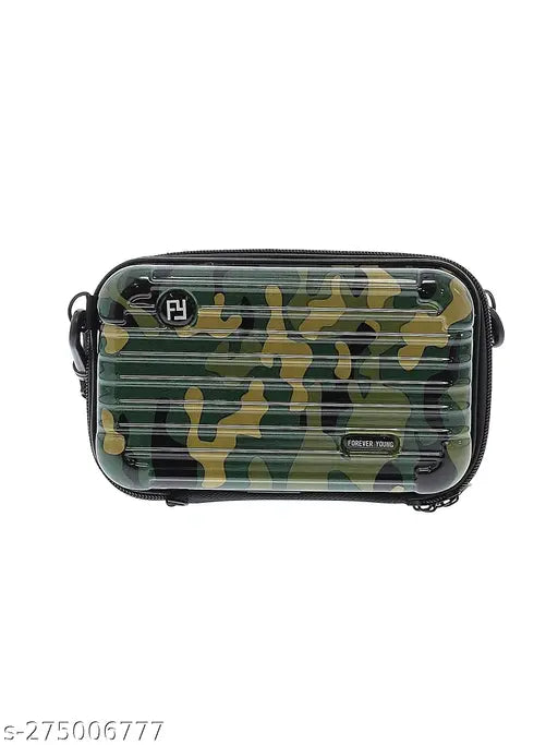 Army print acrylic mini sling bag, color-block design with three compartments, free size origin from India