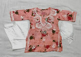 Hand Chikankari Rayon Kurti set with trousers & dupatta, embroidered, knee-length. Indian kid's fashion wear in various sizes