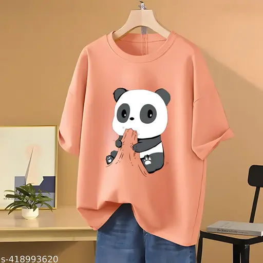 Cotton oversized t-shirt, printed panda design, loose fit for women by Skyct Store, perfect for casual or trendy occasions
