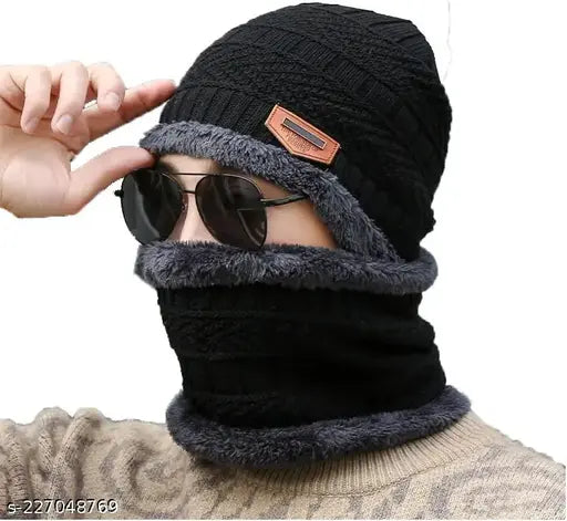 Black woolen winter hat cap, neck warmer scarf set (Velvet). Hand-knitted, chunky-knit design offers cozy warmth and stylish look for men & women