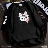 Oversized black women's cotton t-shirt with long sleeves and printed fox design, available in multiple sizes from S to 4XL. Made in India