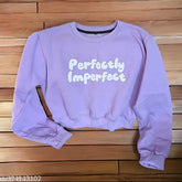 Women's cotton lavender crop sweatshirt with long sleeves, printed net pattern, size S (38in bust, 16in waist), made in India