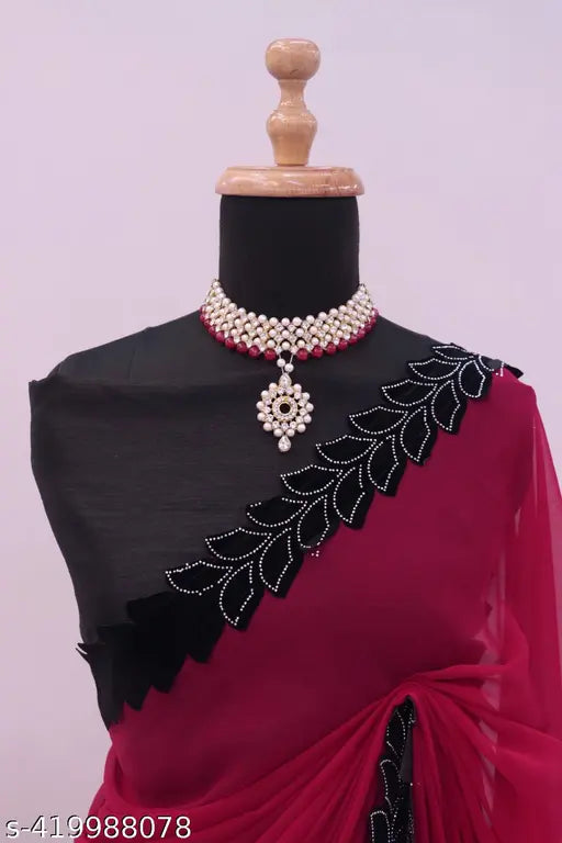 Heavy Bollywood Georgette Saree(Cherr) - White sequin blouse with all-over beadwork on free size Indian party wear saree (Saree length: 5.4m, Blouse length: 0.8m)