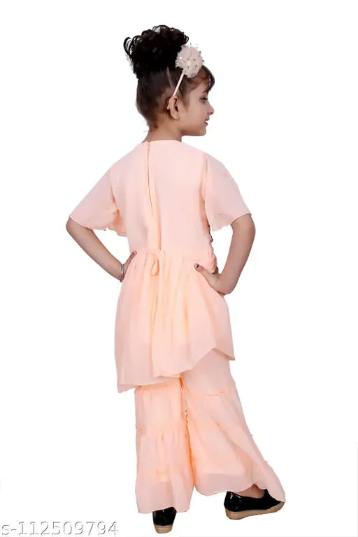 Orange designer embroidery kurta and sharara suit for girls by Hariyal Creation, 3-4 years size, georgette fabric, anarkali top, knee-length, short sleeves. Indian ethnic kids wear, party/casual wear
