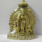 Gold-colored poly resin Murugan statue by Rishi Crafts, intricately designed and perfect for living room decor or tabletop showpiece. Dimensions: 1.5 cm (L) x 1.5 cm (H) x 1.5 cm (B). Great for gifting on various occasions such as weddings, housewarming, engagements, etc