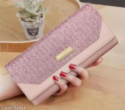 Faux leather women's wallet, embroidered net pattern, 4 compartments, free size (9cm x 4cm)