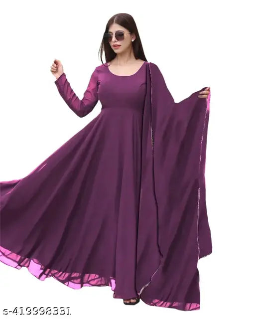 Wine Georgette maxi gown with dupatta, full-stitched Indian bridal wear in S-XXXL sizes