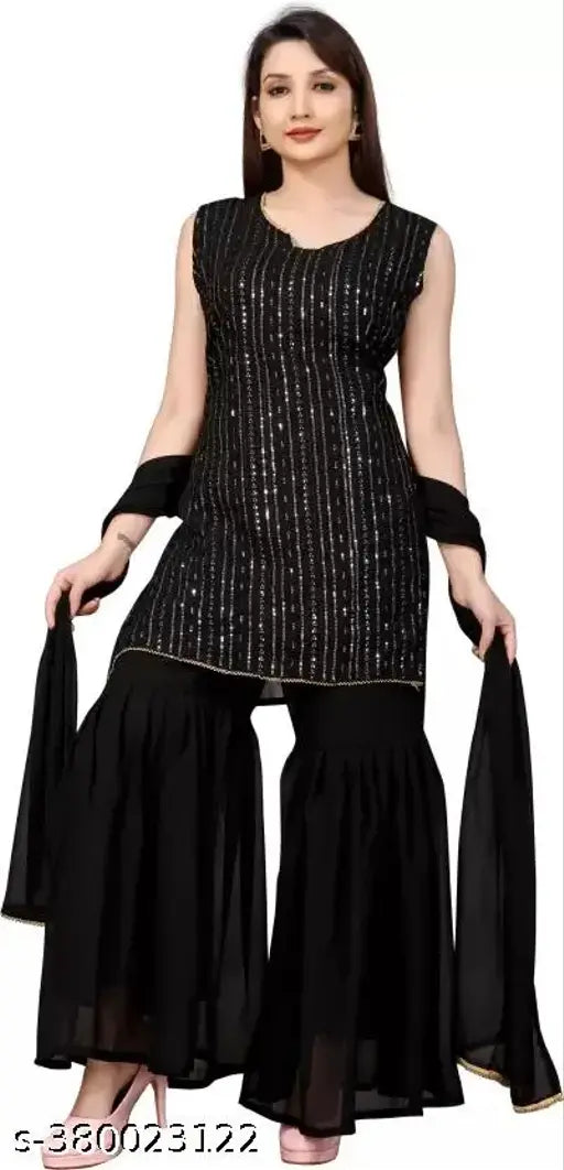 Black georgette embroidered Sharara set with dupatta and bottomwear, trendy design for women. Sizes available: S-XXL, made in India