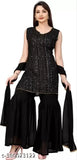 Black georgette embroidered Sharara set with dupatta and bottomwear, trendy design for women. Sizes available: S-XXL, made in India