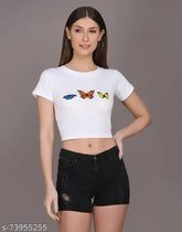 Printed cotton blend women's t-shirt with short sleeves, ideal for daily wear from Kamedge, India