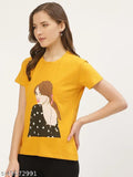 Mustard printed cotton t-shirt, short sleeves, stylish ANVI Be Yourself design