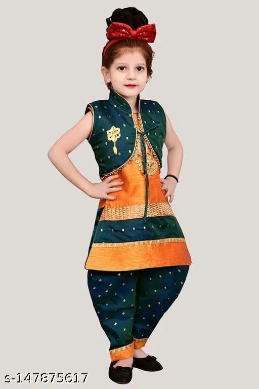 Silk blend three-quarter sleeve Patiwala dresses set with jacket, pant & dupatta - Indian girls' fashion