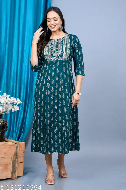 Rayon Anarkali embroidered printed kurta, vibrant combo for festive party wear, three-quarter sleeve style