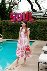 Viscose rayon fit and flare pink and white striped dress, three-quarter sleeves, perfect for party wear and comfortable evening events