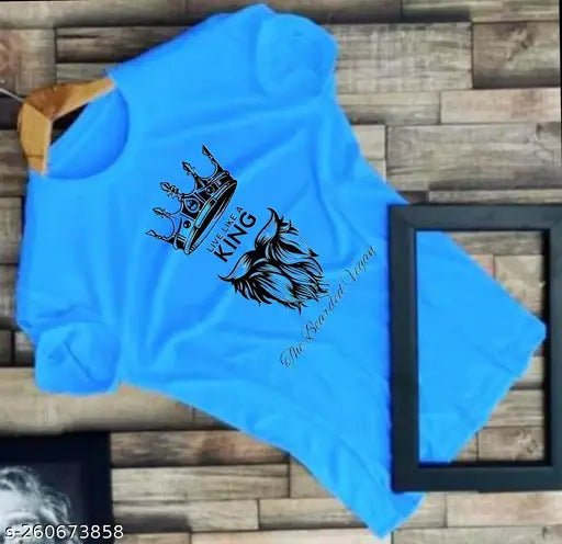 Aqua blue printed polyester T-shirt, trendy and stylish live like a king design for men and women